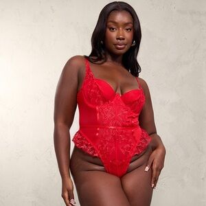 PRETTYLITTLETHING Red Heart Embroidered Lace Bodysuit